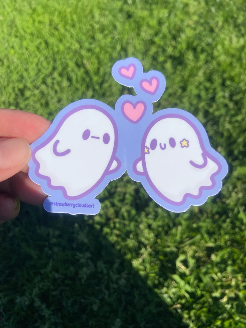 Two Ghosts Sticker - Cute Pastel Ghosts with Hearts Vinyl Sticker