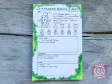 Load image into Gallery viewer, Character Quick Sheet Large Notepad - 8.5in x 5.5x Non-Sticky Tear-Away Memo Notepad 50 Pages - Game Master Organization Tool
