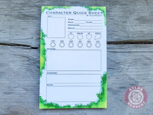 Load image into Gallery viewer, Character Quick Sheet Large Notepad - 8.5in x 5.5x Non-Sticky Tear-Away Memo Notepad 50 Pages - Game Master Organization Tool