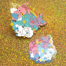 Load image into Gallery viewer, BizBaz Friends Gold Enamel Pin + Holographic Sticker Set!