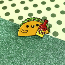 Load image into Gallery viewer, TACO & HOT SAUCE "MAKE IT SPICY" ENAMEL PIN