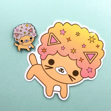 Load image into Gallery viewer, SALE AFRO CAT MAGICAL SKY GLITTER ENAMEL PIN & STICKER SET