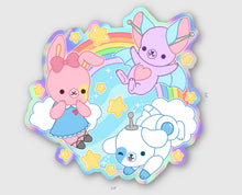 Load image into Gallery viewer, BizBaz Friends Gold Enamel Pin + Holographic Sticker Set!
