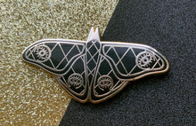 Load image into Gallery viewer, Moth Pin Art Deco Hard Enamel Pin with eldritch & void eyes for enamel pin collectors, moth pin collectors, gold and black pins, 2