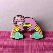 Load image into Gallery viewer, Rainbow Dreams Sloth Laying on Rainbow Glitter Hard Enamel Pin