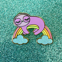 Load image into Gallery viewer, Rainbow Dreams Sloth Laying on Rainbow Glitter Hard Enamel Pin