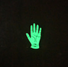 Load image into Gallery viewer, Palm Reading Hard Enamel Pin 1.5" With Glow-in-the-Dark green enamel and Black Nickel perfect for those into occult & Halloween