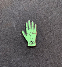 Load image into Gallery viewer, Palm Reading Hard Enamel Pin 1.5" With Glow-in-the-Dark green enamel and Black Nickel perfect for those into occult & Halloween