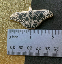 Load image into Gallery viewer, Moth Pin Art Deco Hard Enamel Pin with eldritch & void eyes for enamel pin collectors, moth pin collectors, gold and black pins, 2