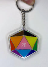 Load image into Gallery viewer, Queer Pride Dice Keychain Charm: Holographic Acrylic Keychain Charm Expressing LGBTQIA+ pride for ttrpg gaymers of all types, ita bags 2"