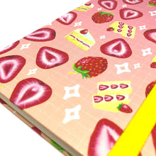 Load image into Gallery viewer, Strawberry Hardcover Journal, A5 leatherette bullet journal, kawaii planner, illustrated fruit notebook, cottagecore strawberry, cute strawb
