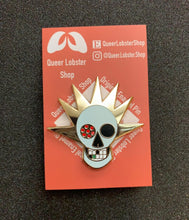 Load image into Gallery viewer, Pirate Skull Enamel Pin: Arr me mateys! Speciality hard enamel pin with red stones and gold plating 1.75" Inspired by catholic relics