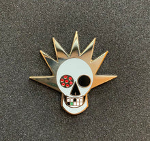 Load image into Gallery viewer, Pirate Skull Enamel Pin: Arr me mateys! Speciality hard enamel pin with red stones and gold plating 1.75" Inspired by catholic relics