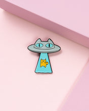 Load image into Gallery viewer, Alien Abduction Cat Enamel Pin • Teal
