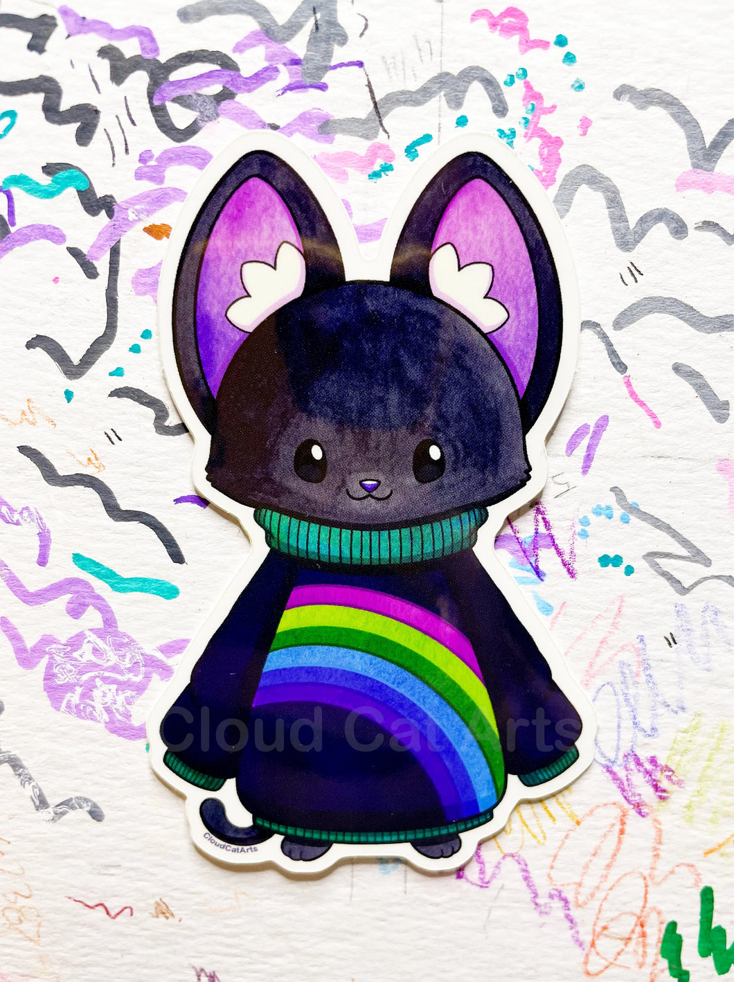 Rainbow Sweater Kitty - Black Cat - Vinyl Sticker