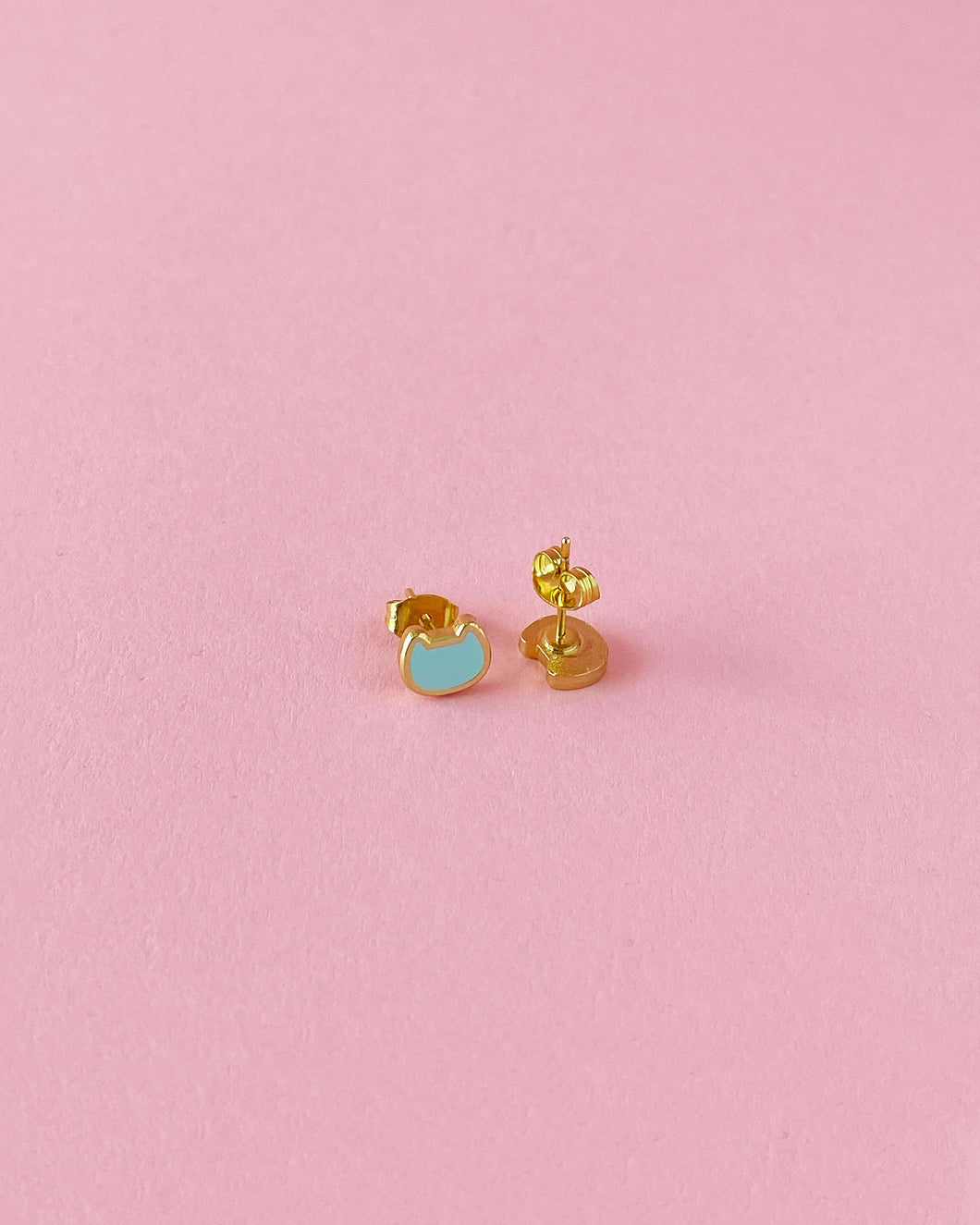 Mini Teal Cat Earring Studs - Gold