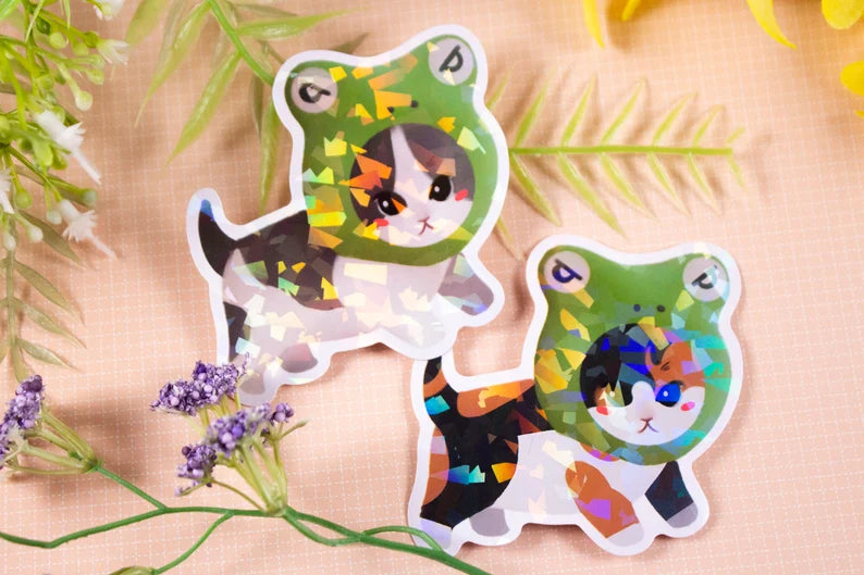 Froggy Cat Meme Sparkly Broken Holo Vinyl Sticker Decal  Calico Cat