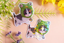 Load image into Gallery viewer, Froggy Cat Meme Sparkly Broken Holo Vinyl Sticker Decal  Calico Cat
