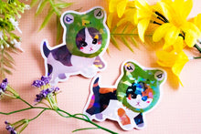 Load image into Gallery viewer, Froggy Cat Meme Sparkly Broken Holo Vinyl Sticker Decal  Calico Cat
