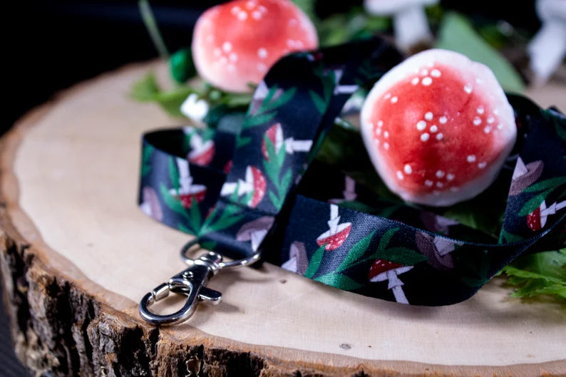 Mushroom and Fern Lanyard with Lobster Clasp Cottage Core Witchy Aesthetic Amanita Mushroom, Boletus Edulis Mushroom