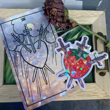 Load image into Gallery viewer, Strawberry Three of Swords | Cottage Core | Tarot | Spring | Holographic Vinyl Sticker Decal for Laptop, Water Bottle, Notebook, Waterproof
