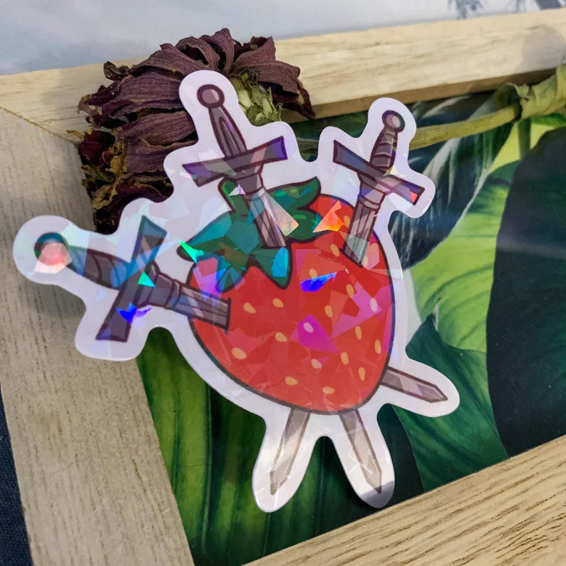 Strawberry Three of Swords | Cottage Core | Tarot | Spring | Holographic Vinyl Sticker Decal for Laptop, Water Bottle, Notebook, Waterproof