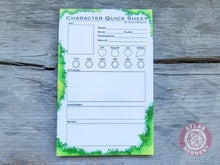 Load image into Gallery viewer, Character Quick Sheet Large Notepad - 8.5in x 5.5x Non-Sticky Tear-Away Memo Notepad 50 Pages - Game Master Organization Tool
