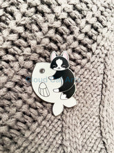 Load image into Gallery viewer, Silver Fish Kitty - Black and White Cat - Hard Enamel Pin
