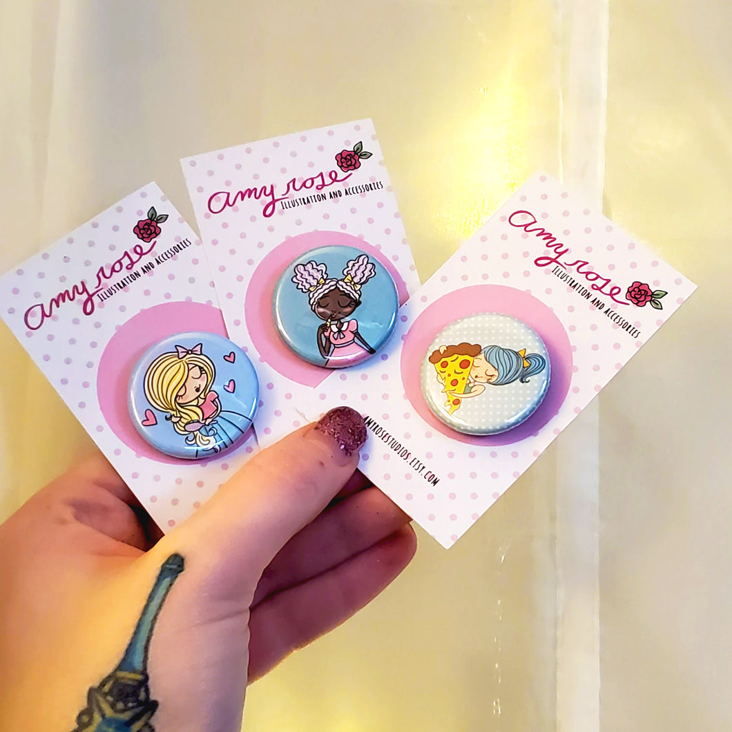 Cutie Girl Buttons: Pizza, Lipstick and Hairbrush Variants