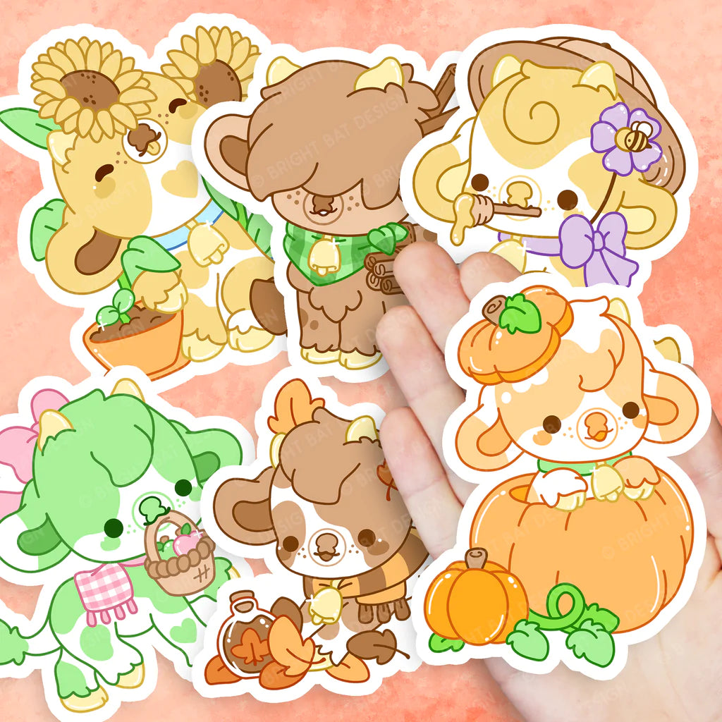 A full set of 6 Harvest Cows vinyl stickers!