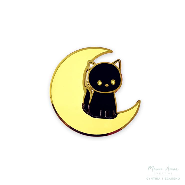 Black Cat on Moon Enamel Pin