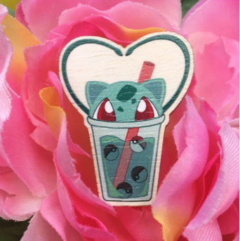 Grassy Boba Tea Wooden Pin