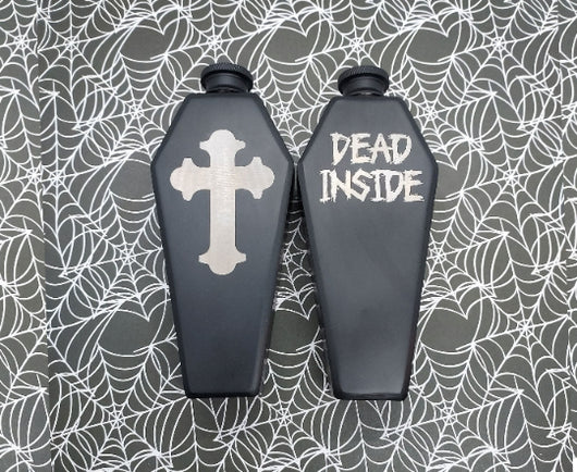 Lazered Coffin Flasks: Gothic Cross or Dead Inside Options
