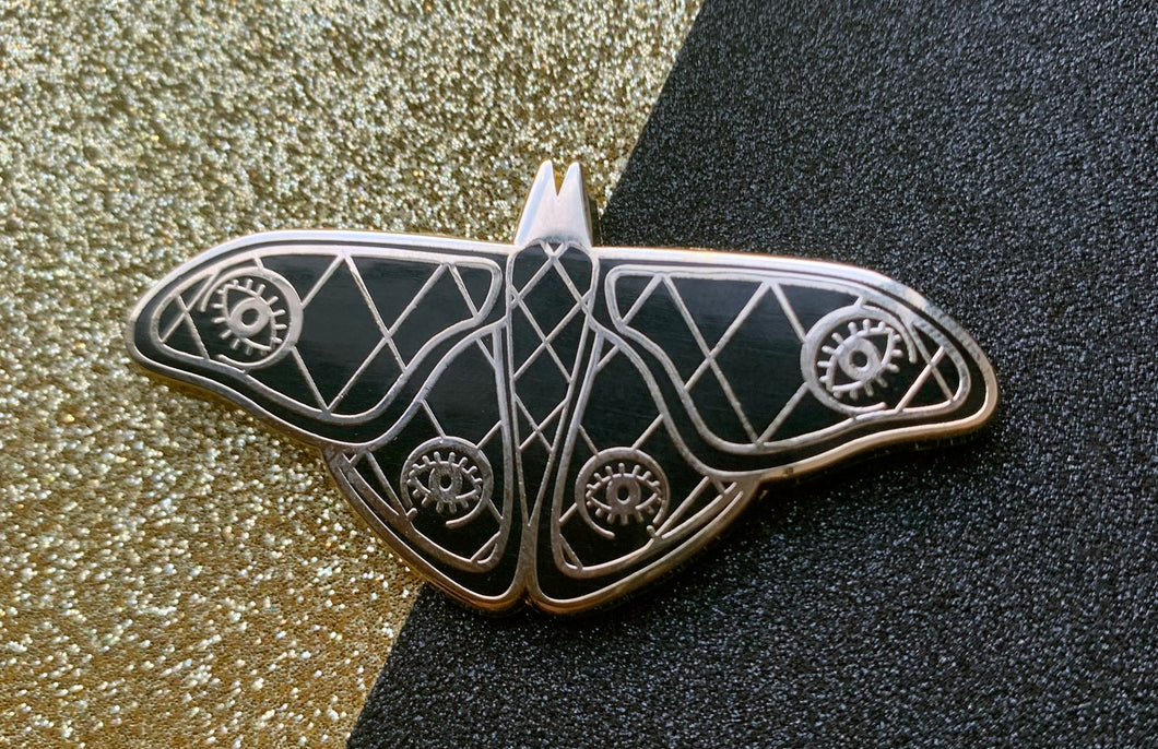 Moth Pin Art Deco Hard Enamel Pin with eldritch & void eyes for enamel pin collectors, moth pin collectors, gold and black pins, 2
