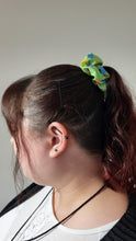 Load image into Gallery viewer, Rollin&#39; Nat 20 Dice Scrunchie: A Dungeons and Dragons TTRPGs inspired dice goblin hair accessory for those with long hair 3.5&quot; diameter

