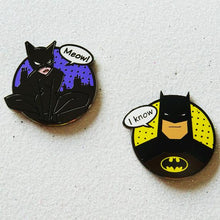 Load image into Gallery viewer, Batman &amp; Catwoman Hard Enamel Pin Set - To die for - I Love You I know - Hear me meow! - Meow I Know
