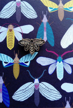 Load image into Gallery viewer, Enamel pin brooch, moth design, black and gold metal
