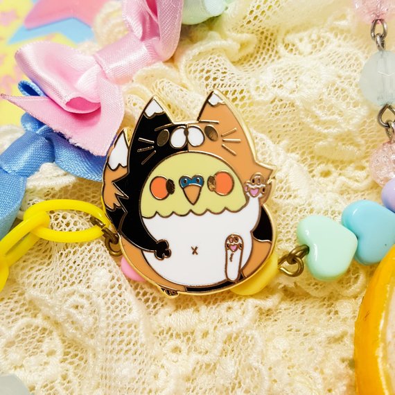 Kibby Birb Enamel Pins! | Kawaii Cockatiel Calico Cat costume gold hard enamel pins by Precious Bbyz
