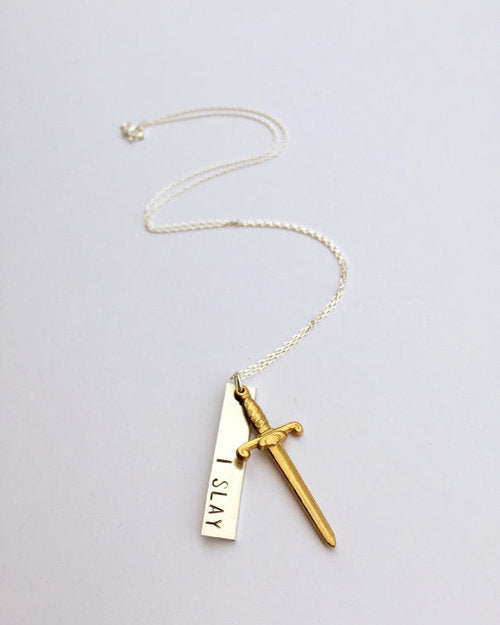 I SLAY STAMPED NECKLACE WITH SWORD CHARM