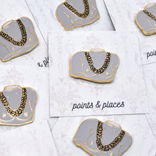 Load image into Gallery viewer, Free the nipple enamel pin / Bust with gold chain / Ancient Greece statue with necklace
