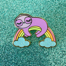 Load image into Gallery viewer, Rainbow Dreams Sloth Laying on Rainbow Glitter Hard Enamel Pin
