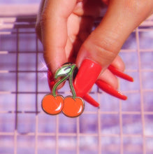 Load image into Gallery viewer, Red &amp; Black Glitter Cherry Rockibilly Pin Up Enamel Metal Pins
