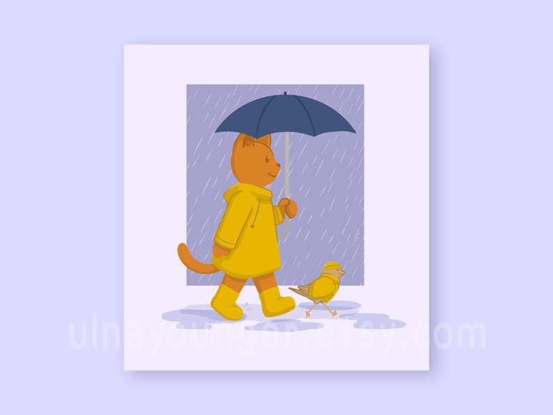 Rainy Day Cat and Bird Print Glossy 8