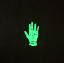 Load image into Gallery viewer, Palm Reading Hard Enamel Pin 1.5&quot; With Glow-in-the-Dark green enamel and Black Nickel perfect for those into occult &amp; Halloween
