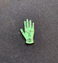 Load image into Gallery viewer, Palm Reading Hard Enamel Pin 1.5&quot; With Glow-in-the-Dark green enamel and Black Nickel perfect for those into occult &amp; Halloween
