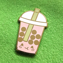 Load image into Gallery viewer, Strawberry Pink or Matcha Happy Boba Milk Tea - 1.5&quot; Enamel Pin Lapel Metal Badge
