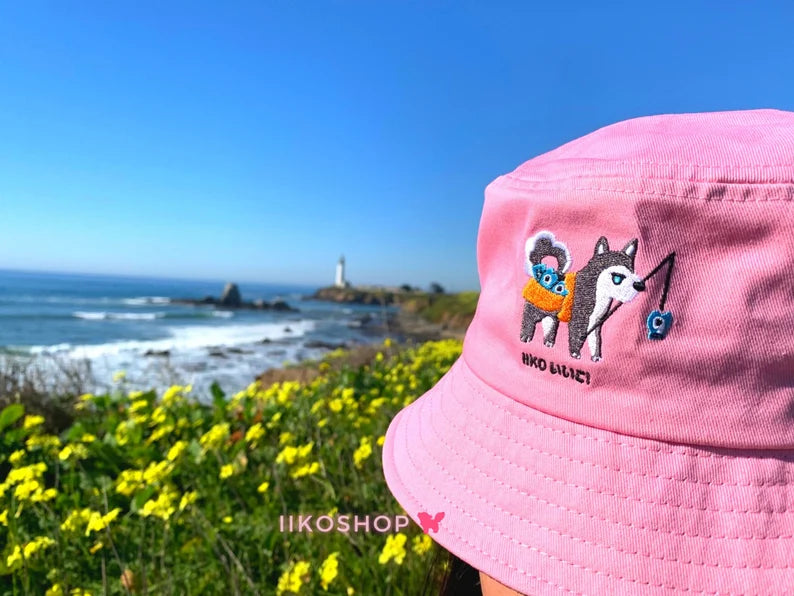 Hand Embroidered iiko Bucket Hats - Sea Navy / Spring Pink