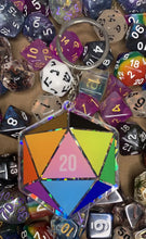 Load image into Gallery viewer, Queer Pride Dice Keychain Charm: Holographic Acrylic Keychain Charm Expressing LGBTQIA+ pride for ttrpg gaymers of all types, ita bags 2&quot;
