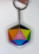Load image into Gallery viewer, Queer Pride Dice Keychain Charm: Holographic Acrylic Keychain Charm Expressing LGBTQIA+ pride for ttrpg gaymers of all types, ita bags 2&quot;
