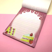 Load image into Gallery viewer, Sweet Strawberry Memo Pad, 4.25 x 5.5 inches, cottagecore notepad, kawaii cute stationery, journaling planner supplies, fruit art
